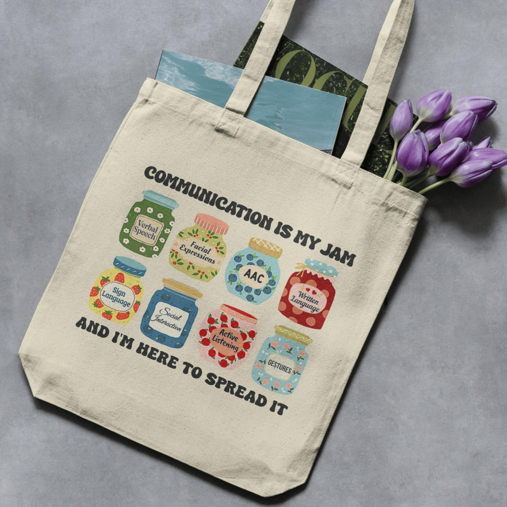 a canvas tote bag for speech therapist/pathologist with cute jam jars design. Featuring descriptive words on each jar, related to SLP, speech therapist, audiologist, language pathologist