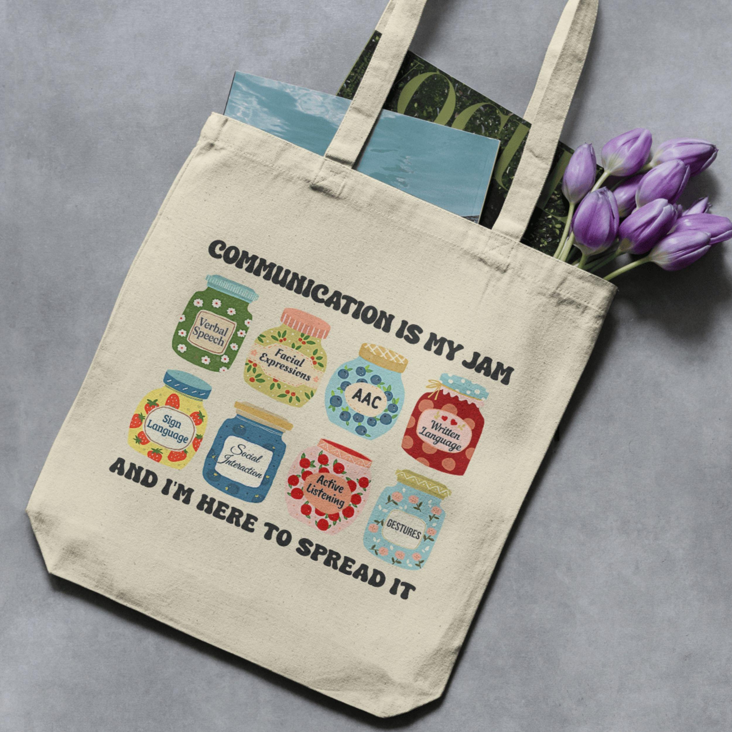 a canvas tote bag for speech therapist/pathologist with cute jam jars design. Featuring descriptive words on each jar, related to SLP, speech therapist, audiologist, language pathologist