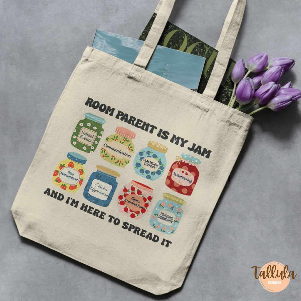 Canvas tote bag, with text reading "Room Parent is my jam", featuring cute jam jars with descriptive words related to room mom dad, Parent teacher association, school event support, volunteer parent.