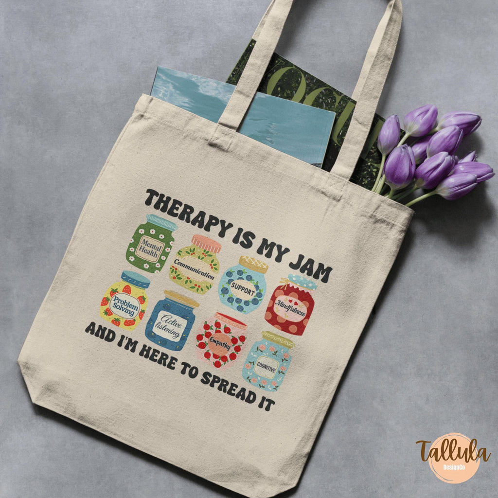 Therapy is My Jam Tote Bag Gift for Therapist Counselors, Psychologists & Psychotherapists