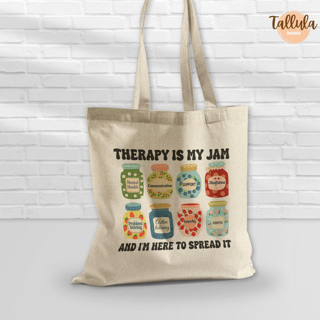 Therapy is My Jam Tote Bag Gift for Therapist Counselors, Psychologists & Psychotherapists