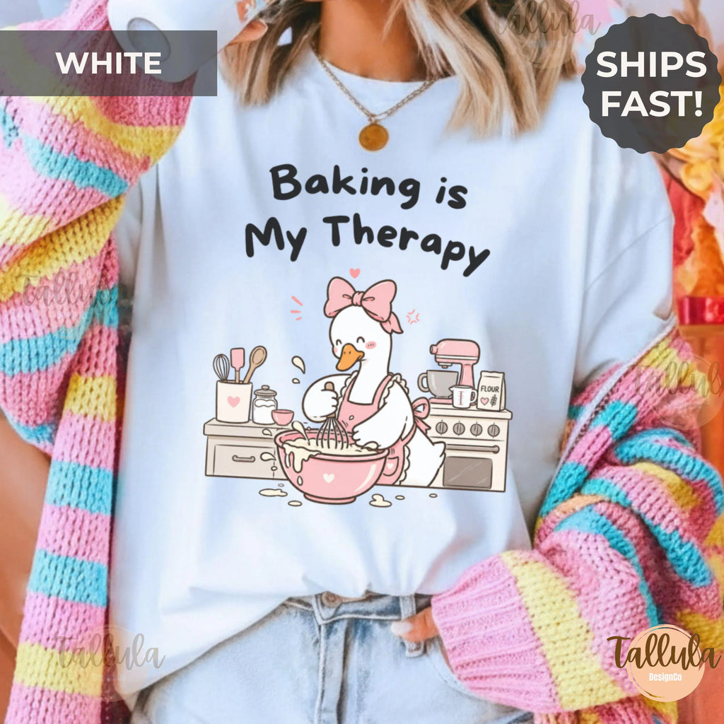 Comfort Colors Baking is My Therapy Shirt, Cute Funny Goose Baker Chef Graphic Tee