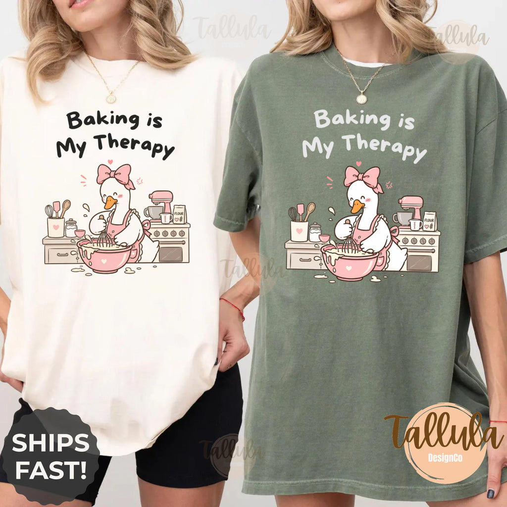 Comfort Colors Baking is My Therapy Shirt, Cute Funny Goose Baker Chef Graphic Tee