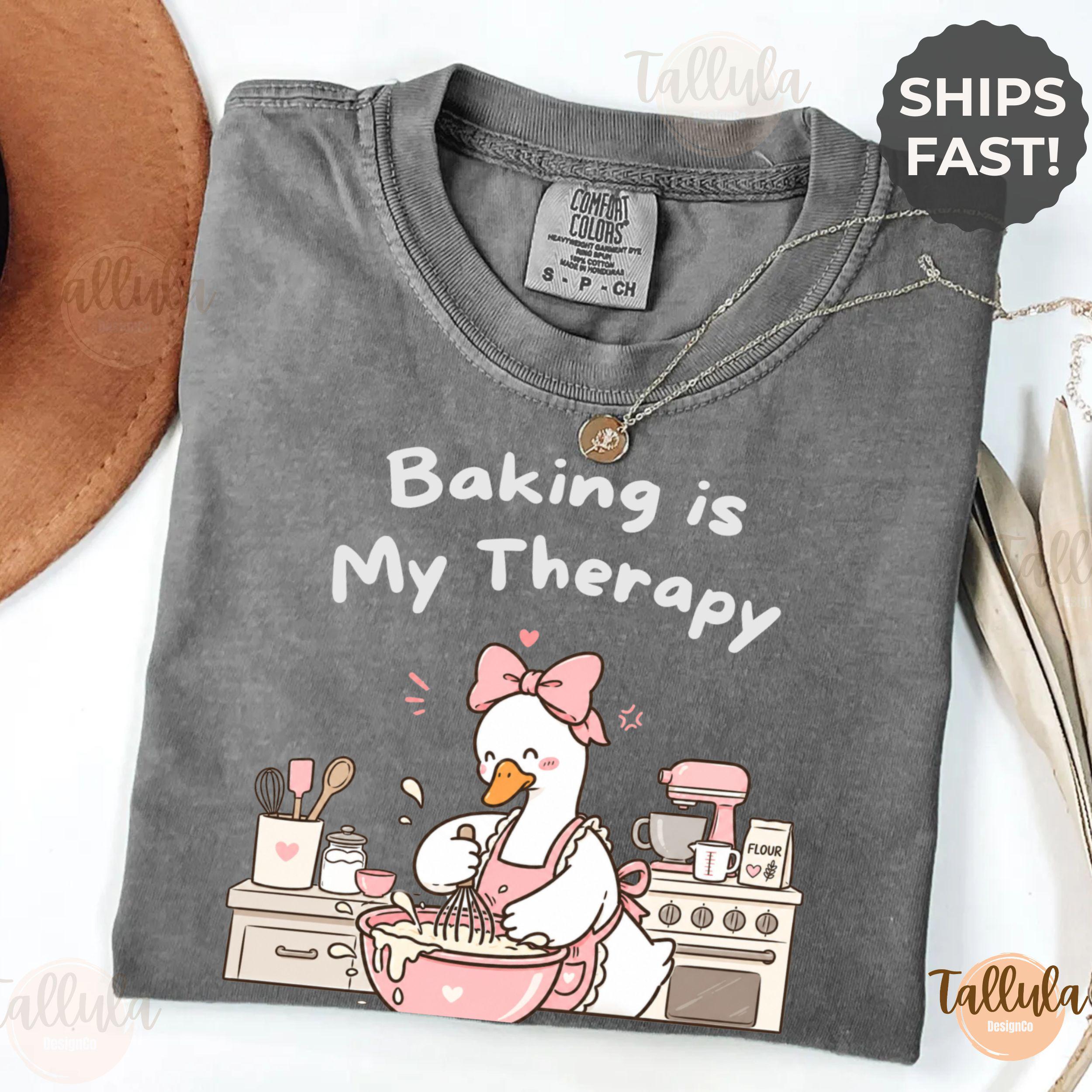 Comfort Colors Baking is My Therapy Shirt, Cute Funny Goose Baker Chef Graphic Tee