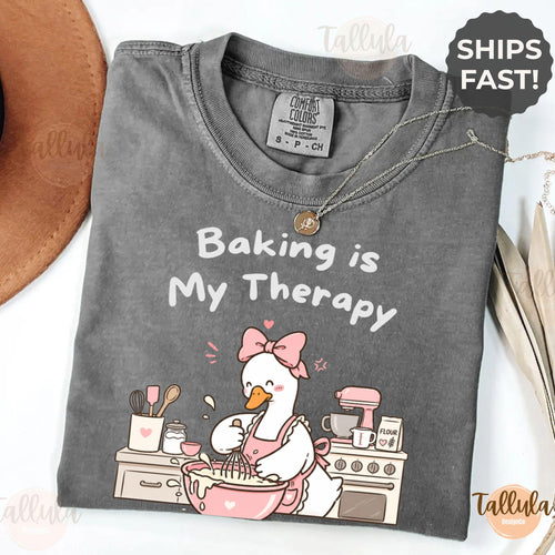 Comfort Colors Baking is My Therapy Shirt, Cute Funny Goose Baker Chef Graphic Tee