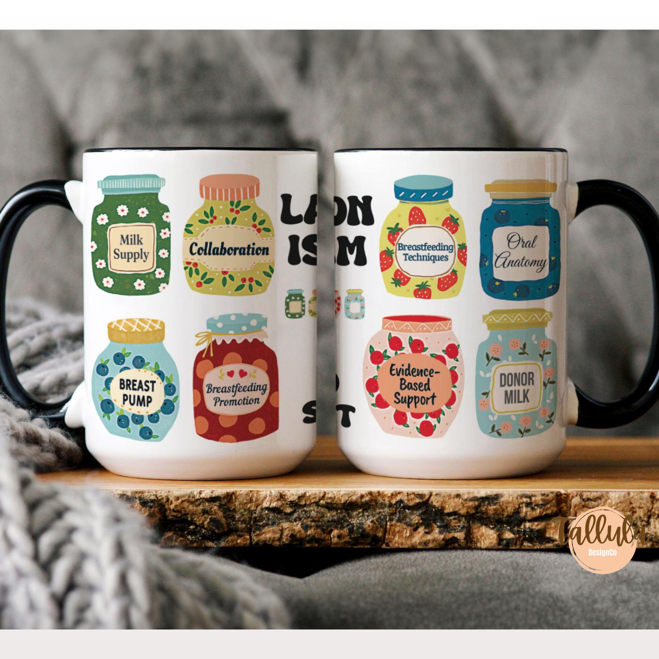 Ceramic coffee or tea mug with cute jam jars design with Lactation is my jam collection. featuring the descriptive words related to lactation consultation, breastfeeding support team, midwife, doula, baby mother nurse and lactation student.